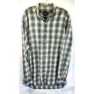 Eddie Bauer Mens Large 100% Cotton Green Gray White Plaid Casual Dress Shirt